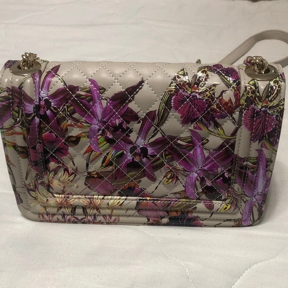 Valentino Quilted Floral Leather Shoulder Bag in Cream & Purple
